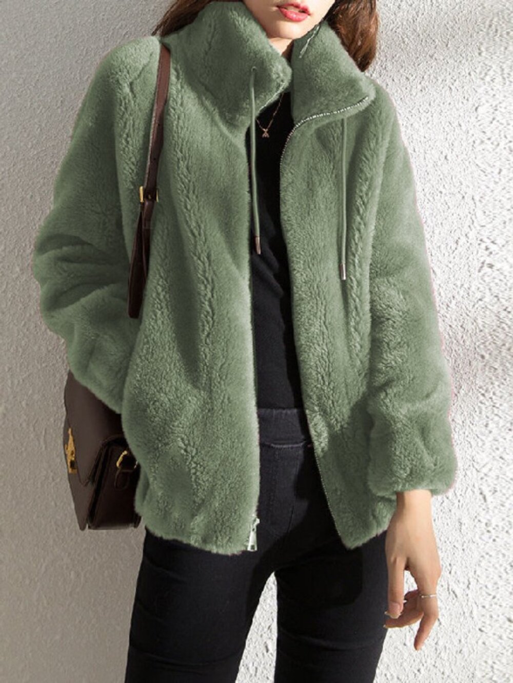 Women's Elegant Coral Fleece Zip-Up Cardigan Sweater